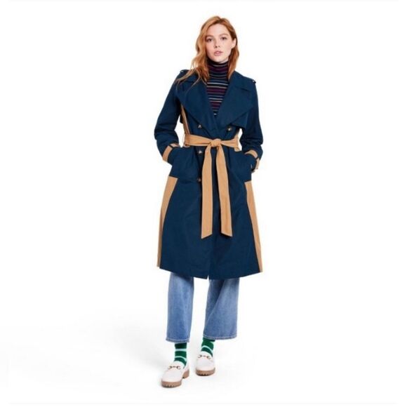 La Ligne x Target Side Stripe Two Tone Belted A-Line Trenchcoat Navy Khaki MED - Picture 1 of 15